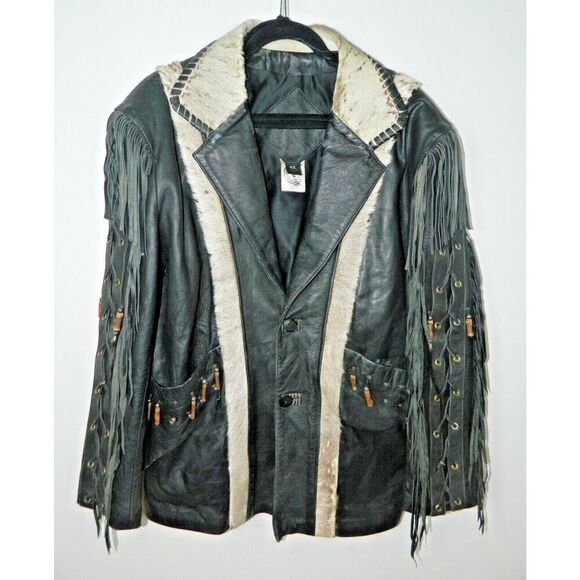 D. Frank Other - Vintage D. Frank Jacket Men Size‎ X-Large Black Leather White Fur Fringed Beaded